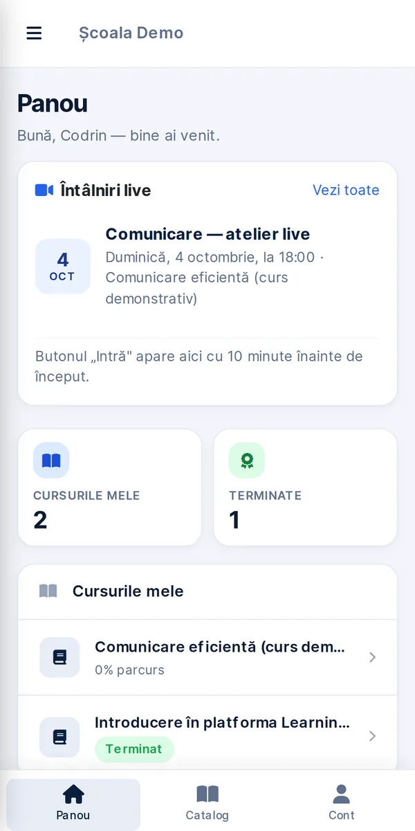Panoul cursantului, pe telefon