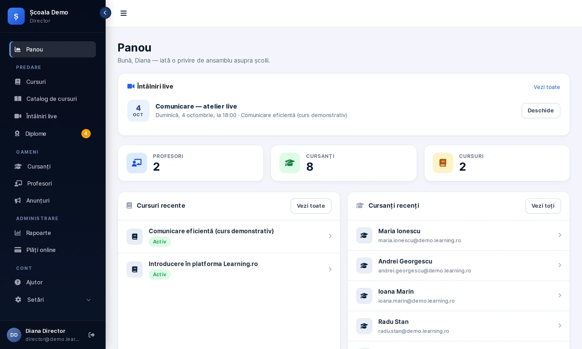 Panoul directorului în platforma Learning.ro: întâlniri live, cursanți, cursuri